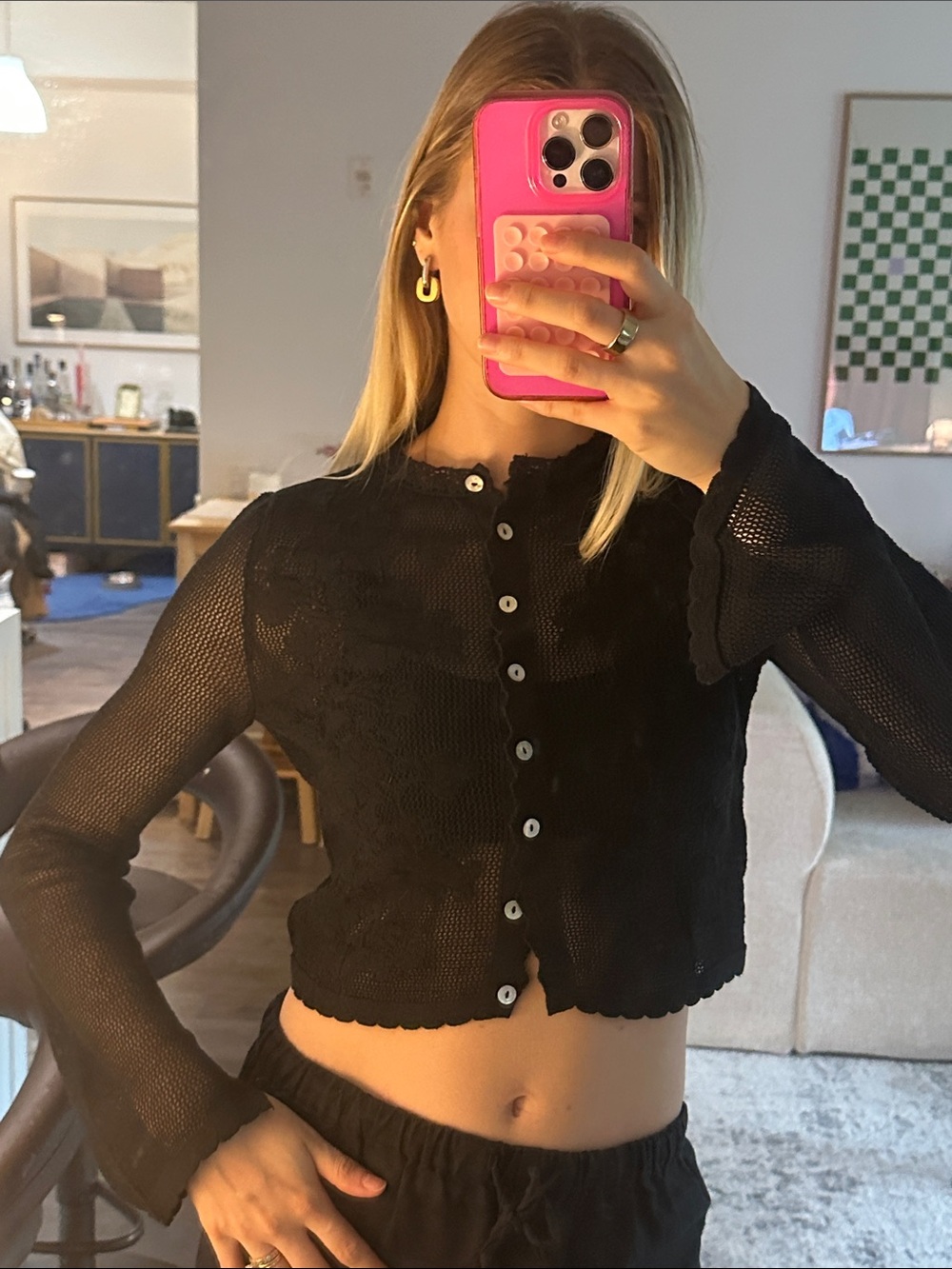 Zara Black Lace-Trim Button-Down Crop Top